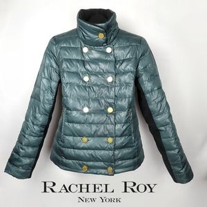 Rachel Roy Down Duvet Puffer Jacket Gold Colored Branded Snaps Sea Green Sz Med